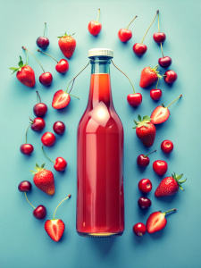 Tropical soft drink bottle concept design. red color scheme theme design, some cut cherries and strawberries next to the bottle, lighting, cinematic, solid, realistic