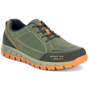 A casual shoe shot featuring the Merrell Berner Moc in Dusty Olive. Green and grey upper with orange sole. Logo prominently displayed.