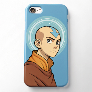 A custom iPhone case featuring Aang from Avatar: The Last Airbender. Dominant blue color with Aang's face centered. Soft blue halo effect around his head