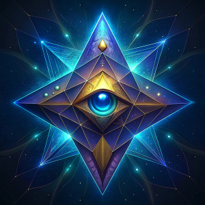 A geometric Star illustrating the idea of the 4 elements of alchemy with a small eye of horus in the middle of the star.