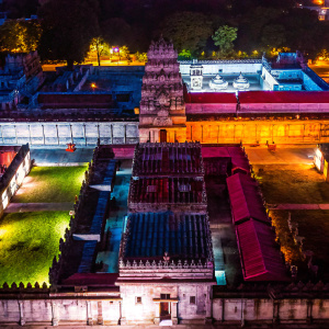 Aerial view of the Airavatesvara Temple, intricate stone carvings visible. Located in Darasuram, Tamil Nadu, India. UNESCO World Heritage Site