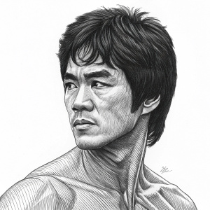 A detailed ink drawing of Bruce Lee. Showing his powerful physique and distinctive face. Simple white background, intricate shading and linework.