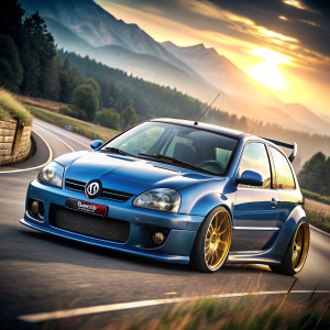 2000 Renault clio v6 sport, lowered, wide body kit, race car, oversized wheels, very detailed rims, motion blur, cinematic back road background