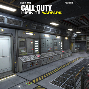 A digital illustration of a high-tech control room from 'Call of Duty: Infinite Warfare'. Dominated by gray and metallic tones, the space is filled with numerous machines and panels. Infinity Ward and Activision logos prominently displayed.