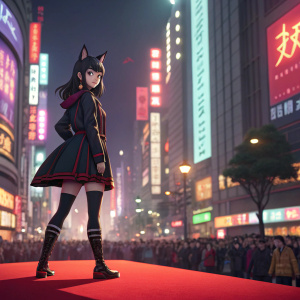 Kuroneko, an anime action character, standing in a dramatic pose on a vibrant red stage. The setting is a bustling city street with neon lights and crowds of people.