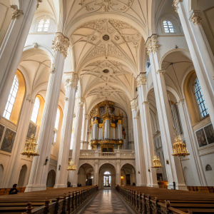 Inside Frauenkirche, a majestic cathedral featuring tall white pillars, an ornate pipe organ, and a high ceiling adorned with intricate arches.