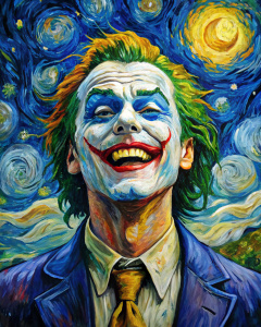 joker, Van Gogh style painting "Starry Night", smile