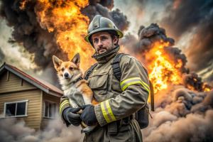 A male firefighter in special equipment on the background of a burning house. A rescuer with a corgi puppy in his arms against a background of flames and clouds of black smoke. A firefighter rescued a puppy from the fire. Tinted photo. Muted pastel shades of gray, brown, beige.
