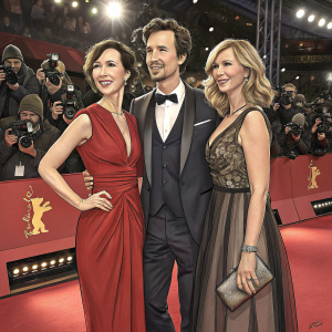 Sibel Kekilli, Florian David Fitz, and Veronica Ferres at the Berlinale. Red carpet event, flashing cameras.