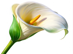  Create image of a single white calla lily in full bloom against a white background. The lily should be facing the viewer and its petals should be slightly curled. The image should be well-lit and the lily should be in focus. The final image should be a high-resolution photograph that is suitable for printing.