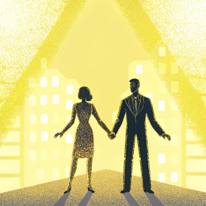 Joe Morton and Christine Lietz at the Turn Me Loose book launch party. Joe, in a sleek black suit, stands confidently. Christine, in a lace dress, poses directly ahead. Neon-lit cityscape background