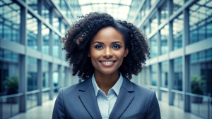 portrait of successful brown  businesswomen consultant looking at camera and smiling inside modern office building