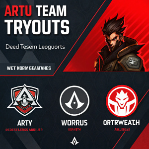 Digital poster for ArtU Team Tryouts featuring League of Legends and Overwatch icons. Dark background with bold red and black accents. Characters and logos prominently displayed.