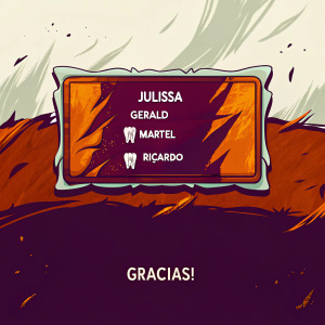 A vibrant, modern business card design featuring the names Julissa, Gerald, Martel, and Ricardo. The card boasts a cheerful color palette of green, blue, and white. It includes contact information like email, phone, and social media handles. A cartoon tooth adds a playful touch, with '¡Gracias!' at the bottom.