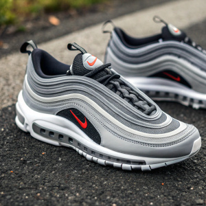 Close-up shot of brand new Nike Air Max 97 sneakers, featuring modern design, mostly gray and black with prominent Nike logo and 'AIR'字样清晰可见，拍摄于粗糙的沥青地面上。