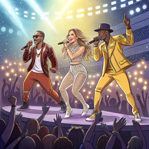 Ne-Yo, Jennifer Lopez, and Derek Hough at the Grammy Awards. They are on stage performing. The audience is cheering.