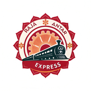 Radial design logo for Raja Antar Express. Cultural inspiration with rich red hues. Bold and modern. Center piece for branding.