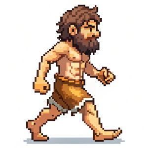 Generate a spritesheet of a caveman walking in pixel art