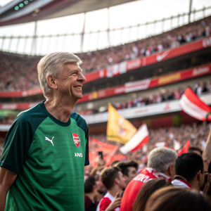 Arsene Wenger, smiling, in a green Arsenal jersey. Standing amidst a bustling stadium crowd during a match day.
