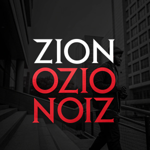 A sleek, modern logo design featuring 'ZION OZIO NOIZ' in bold red letters against a stark black background, creating a striking visual identity.