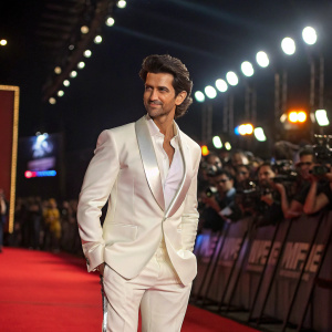 Hrithik Roshan, Bollywood star, in a sleek white suit. Poses on the carpet at the Filmfare Awards. Flashing lights and excited crowd in the background.