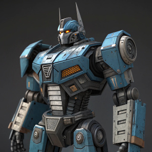 3D rendering of Grimlock, the Transformers character. Blue and grey colors. Futuristic machinery design.