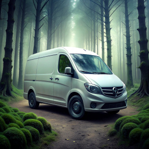 A very white Vito square van that has come to life and is hungry. hyper realistic. set in a dark forest. horror. Mercedes vito.