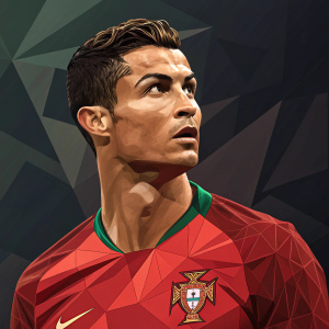 Digital artwork of Cristiano Ronaldo, simplified geometric shapes highlighting face and torso. Wearing Portugal's national soccer team kit on abstract, dark background.