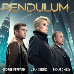 Movie poster for 'Pendulum'. George Peppard, Jean Seberg, and Richard Kiley stand in a futuristic cityscape, dressed in sleek, modern attire.