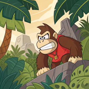 Cartoony monkey, DK from Donkey Kong series, angry face, red shirt, surrounded by lush tropical foliage and boulder obstacles. Promotional poster for upcoming video game