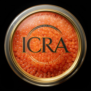 label of a round jar of salmon caviar from Karelia. The name "ICRA", gold volumetric letters on a black background