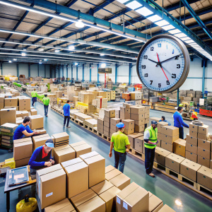 A well-lit photo of a bustling Packing & Packaging Hub, where workers are diligently preparing and organizing various products for shipment. The workspace is filled with colorful boxes, labels, and packaging materials, creating a dynamic and energetic atmosphere. In the background, a large wall clock ticks away, reminding everyone of the time-sensitive nature of their work., photo
