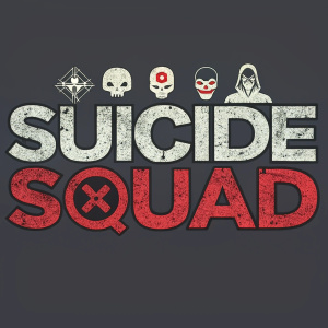Logo for 'Suicide Squad' cinematic release. Graphic design showcases bold, distressed font in gray and red. Depicts gritty, action-packed theme. Textured background highlights troupe of anti-heroes.
