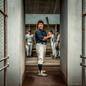 Byung Ho Park, baseball player, posing in locker room with dark blue jersey, holding bat. Coaches and teammates in background.