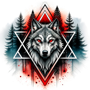 valknut runes pattern geometric symbols - wolf and trees - tattoo design - perfect realistic art - high-definition - grey and black - white background 