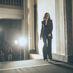 Ana de Armas, wearing a sleek black suit, appears at award show. Dark stage with spotlights, crowd cheering in background.