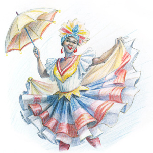 farotas de talaigua hombre vestido de mujer en una danza del carnaval de barranquilla con una sombrilla
