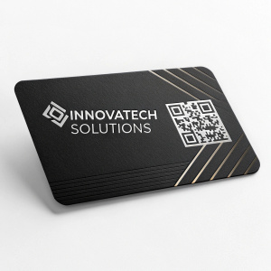 Creative business card design for Innovatech Solutions. Sleek black card with the company logo in metallic silver, featuring a QR code for easy contact information access.