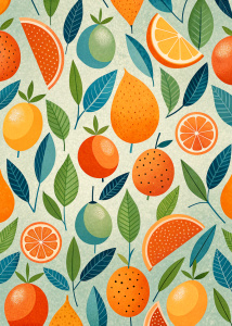 minimalist graphic pattern of fruits, using simple shapes, Modern Ukiyo-e style woodcut, maximise the negative space, vivid pastels