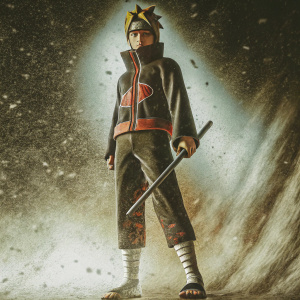 3D render of character Boruto from Naruto series, standing in a dynamic pose with a dark outfit and vibrant designs. Focused expression, sword in hand. Dark, abstract background
