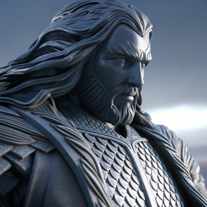 A hyper-realistic 3D render of Thorin Oakenshield, character from Tolkien's Middle-earth. Detailed focus on facial features and long flowing hair. Dark background highlights intricate sculpture details.