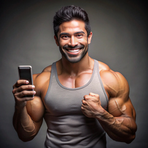 Ciudadano mexicano musculoso muy feliz con el celular en la mano