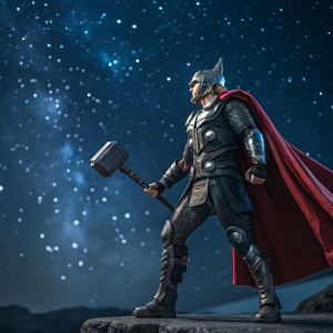 Thor Ragnarok action figure against a starry night sky backdrop. Detailed helmet and hammer