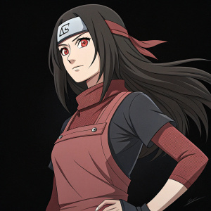 Kurenai Yuhi, from Naruto Shippuden, with long dark hair, red eyes, and confident expression. Poses on plain black background, no signature visible