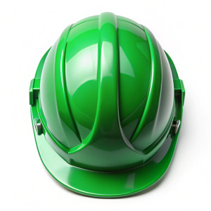 Green safety engineer helmet on white background, top view