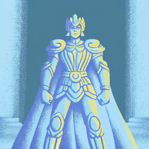 Statue of Leo Aiolia from Saint Seiya. Gold armor with detailed patterns. Heroic pose. Dark background, highlighted by light