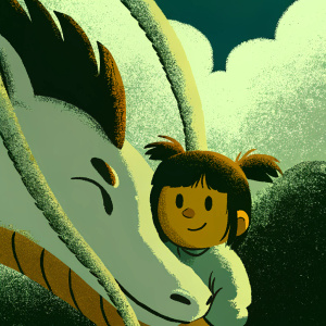 Digital illustration in the whimsical style of Studio Ghibli. Chibi version of Chihiro from Spirited Away embracing a friendly dragon-like creature. Chihiro with a cheerful smile and ponytail. Dragon has flowing serpentine body with a gentle, welcoming face. Soft, pastel colors with a cloudy sky background.