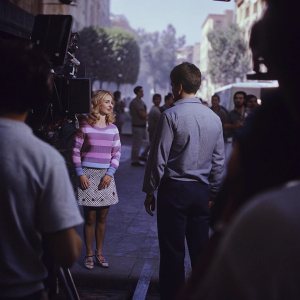 AnnaSophia Robb and Chris Wood on a bustling film set. AnnaSophia dons a playful striped sweater, flower skirt, and whimsical shoes. Chris is in a casual shirt and dark pants. Numerous crew members, large cameras, and a backdrop of greenery-filled buildings fill the scene.