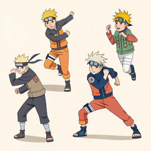 A series of Naruto character sketches. Various outfits and poses. Light, plain background