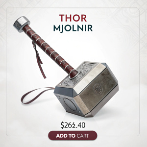 Official Marvel website showcasing Thor's iconic Mjolnir replica. Detailed product page featuring hammer-like weapon, price $262.40, 'Add to Cart' button prominently displayed. Clean and minimalistic design.